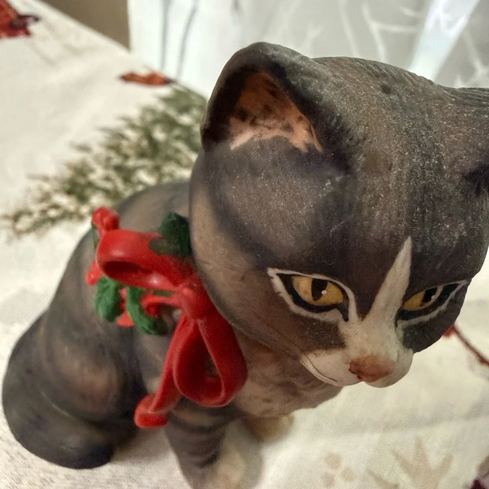 Schmid Festive Cat Figurine with Red Bow